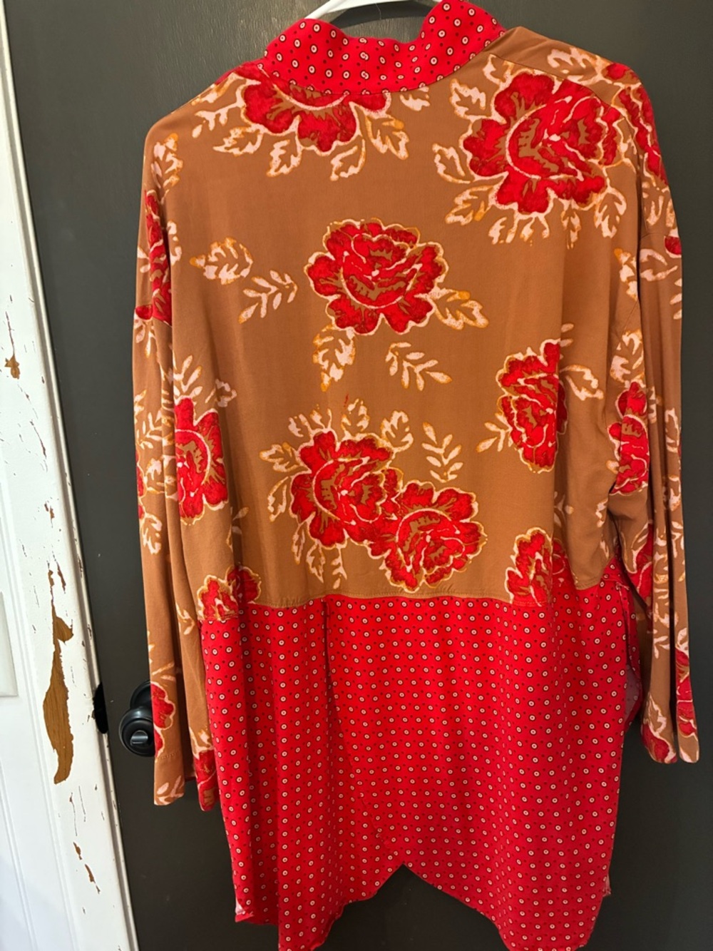 Free People Red & Tan Mixed-Print Cardigan/Cover up or Kimono - Picture 2 of 7